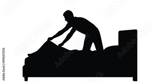 A man making his bed in a simple bedroom black silhouette
