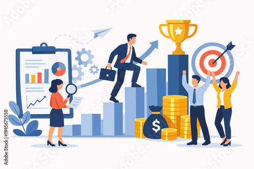 Business Success and Financial Growth Concept with Professionals Climbing Bar Chart to Reach a Trophy, Analyzing Data Reports, and Celebrating Achievement with Money, Target, and Gear Icons.