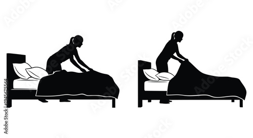 Woman making a bed in two different stages black silhouette