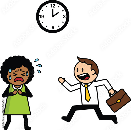Late for Work Businessman Running with Briefcase While Worried Woman Looks at Clock Cartoon Office Situation Illustration for Time Management and Workplace Stress