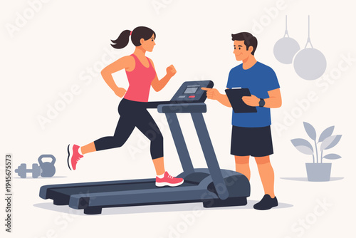 Woman Running on a Treadmill in the Gym with a Personal Trainer. Simple Flat Vector Illustration of Cardio Workout, Fitness Training, Healthy Lifestyle, and Coaching Session with Equipment.