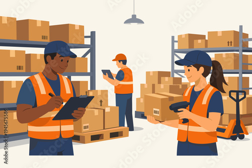 Warehouse workers in safety vests and caps scanning cardboard boxes and checking inventory on shelves. Logistics team managing supply chain, distribution, and storage in a modern warehouse.