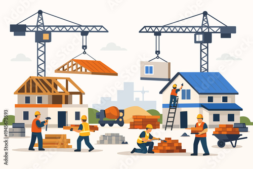 Flat vector illustration of a busy construction site with workers building houses using heavy machinery like cranes and cement mixers, featuring bricklayers, carpenters, and painters at work.
