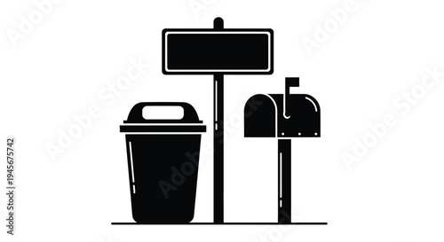 Black silhouette of a mailbox trash can and recycling bin silhouette