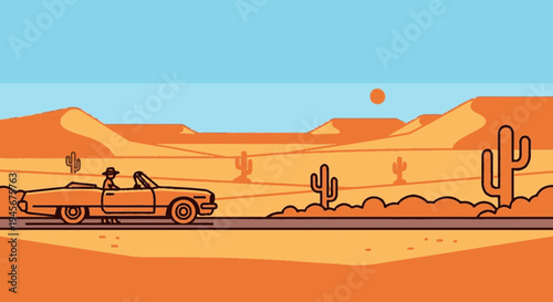 Vintage Convertible Car Driving Through Desert Landscape.