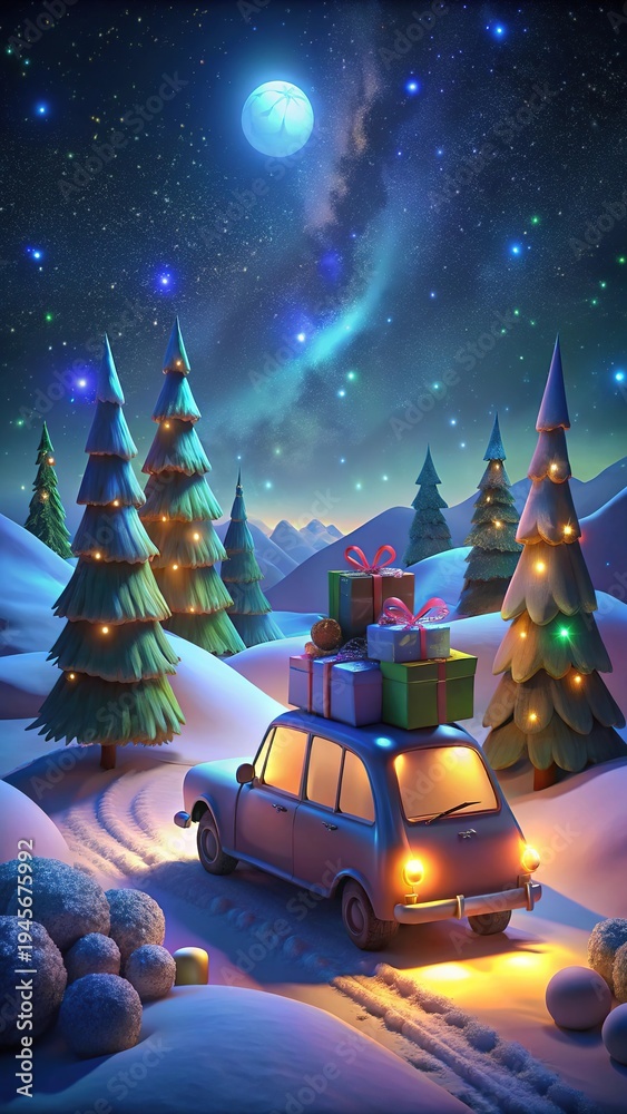 Fototapeta premium Holiday adventure unfolds as a car packed with gifts travels through snowy mountains under a starry sky