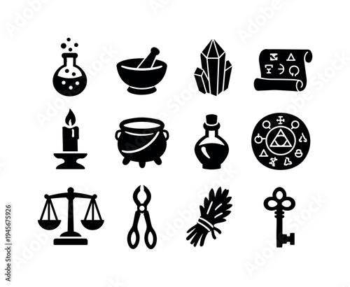Collection of occult and mystical symbols and tools for magic. A set of black icons representing witchcraft, alchemy, and esoteric practices, including potions, crystals, and