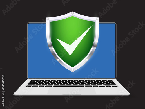 Laptop Computer with Security Shield Check Mark on Screen Web Cyber Security Protection Technology Vector Illustration