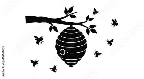 A detailed illustration of a beehive with flying bees silhouette