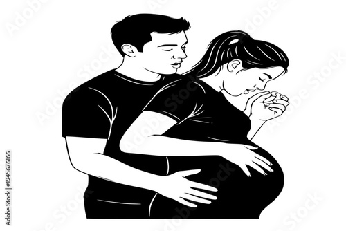 Husband Supporting Wife During Labor Breathing Together Labor Support Birth Delivery Partnership Black Vector Silhouette