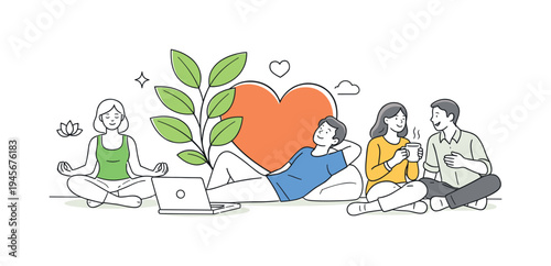 Diverse group of friends enjoying leisure time together with yoga and conversation. A group of friends relax and connect, one meditating with a laptop nearby, another lounging, and