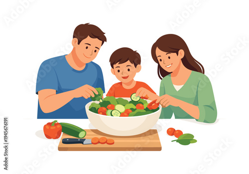 A caring family preparing a healthy homemade meal together in a calm kitchen environment, representing everyday wellbeing and shared lifestyle habits, visual metaphor of parents and a child