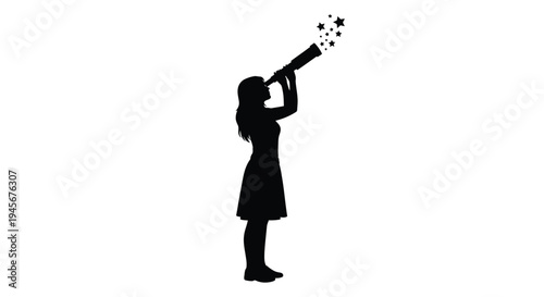 Young woman looking through telescope stars bursting forth silhouette