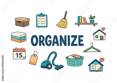 Organize your home with cleaning and decluttering icons. A collection of cute cartoon icons representing organization, cleaning, and home management tasks like decluttering and