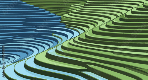 Wavy layered green and blue abstract design.