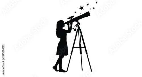 Young woman observes the night sky with a telescope silhouette