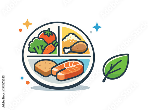 Healthy balanced meal plate with vegetables, protein, grains, and fish. A colorful illustration of a divided plate showcasing a balanced meal with diverse food groups and a green