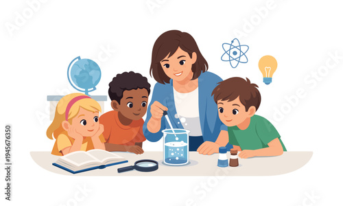 Teacher guiding diverse children in a fun science experiment with a beaker and magnifying glass. A smiling teacher demonstrates a science experiment to curious young students