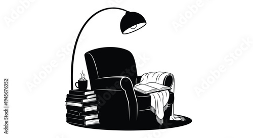Cozy reading nook with armchair books and lamp a black silhouette