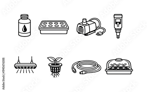 Hydroponic gardening equipment icons for indoor plant cultivation and growth. A collection of line art icons representing essential tools for hydroponic systems, including nutrient