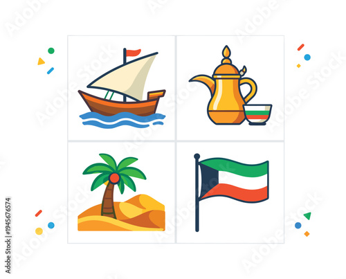 Kuwaiti cultural symbols: Dhow, Dallah, palm tree, and flag. A collection of flat design icons representing Kuwait's heritage, including a traditional dhow boat, a dallah coffee