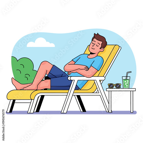 Man relaxing on a sun lounger with a drink, enjoying a sunny day outdoors