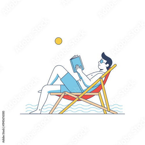 Man Relaxing on Beach Chair Reading Book Under Sun, Summer Vacation
