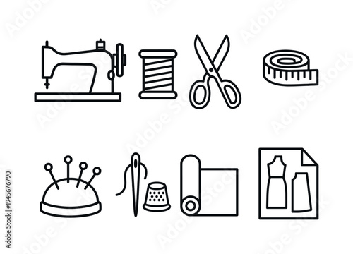 Sewing and tailoring icons set with sewing machine, scissors, and fabric. A collection of line art icons representing various sewing and tailoring tools and materials, including a