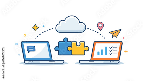 Cloud computing and data integration with puzzle pieces connecting laptops. Two laptops are connected by puzzle pieces and a cloud, symbolizing data integration and cloud services