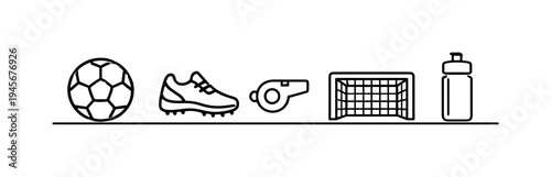 Soccer equipment icons: ball, cleat, whistle, goal, and water bottle. A minimalist line art illustration showcasing essential soccer gear arranged horizontally on a clean white