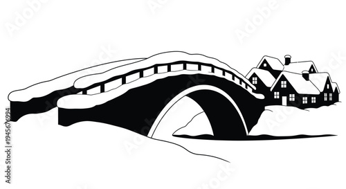 Winter landscape featuring a bridge and houses black silhouette