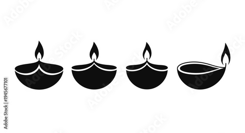 Four traditional oil lamps depicted in a striking black silhouette