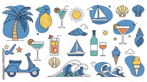 Summer vacation icons featuring drinks, palm tree, scooter, sailboat, and ice cream on a sunny day by ocean.