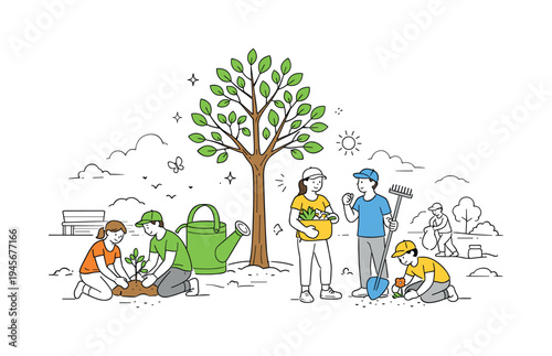 Community planting trees and flowers in a park on a sunny day. Diverse group of people working together in a park, planting trees and flowers, harvesting vegetables, and cleaning