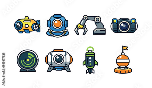 Underwater exploration equipment icons: submarine, diver helmet, robot arm, camera, radar, capsule, torpedo, buoy. Collection of cartoon-style icons representing various underwater