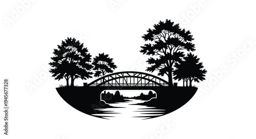 Black silhouette of a bridge framed by trees and water landscape silhouette