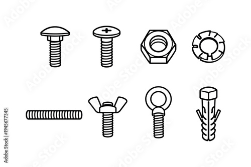 Collection of various fasteners and hardware icons in a simple line art style. A set of eight distinct icons representing different types of screws, nuts, bolts, and anchors, all