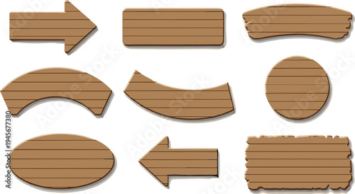 Wooden signboard shapes vector set with arrows oval boards rustic planks and blank wooden labels for design