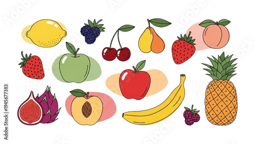 A vibrant illustration of various fruits arranged together on a white background.