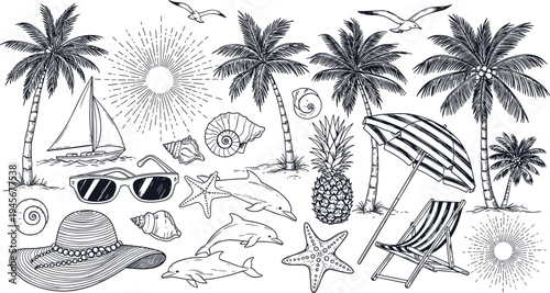 Summer beach vacation element set cad drawing flat vector illustration featuring palm trees dolphins sailboat sunglasses hat and pineapple isolated.
