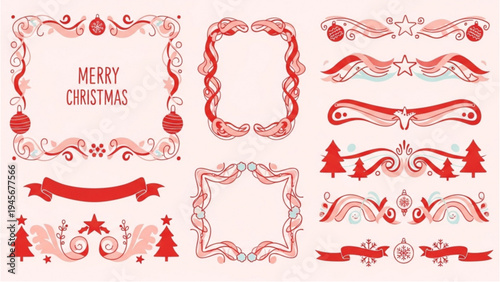 Christmas decorations and ornaments on a festive holiday background with trees