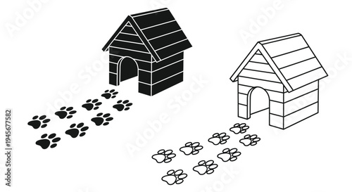 Simple dog houses and paw prints create a playful scene silhouette