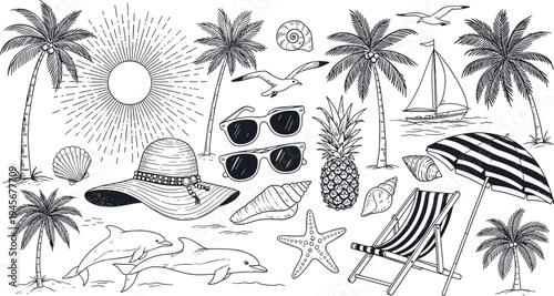 Summer beach vacation element set cad drawing flat vector illustration featuring palm trees dolphins sailboat sunglasses sun hat and pineapple isolated.