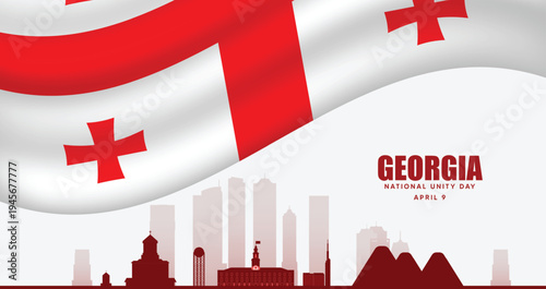 Georgia National Unity Day April 9 cityscape with waving flag vector poster