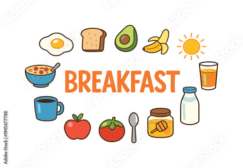 Breakfast food icons arranged around the word breakfast on a white background. A collection of cute cartoon breakfast items including a fried egg, toast, avocado, banana, sun