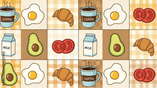 A vibrant breakfast spread with coffee, croissants, avocado, eggs, and milk on a table.