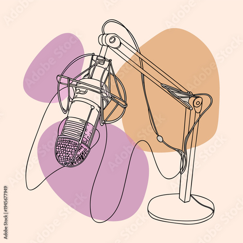 Modern studio microphone vector illustration on an adjustable boom arm stand for podcasting design.