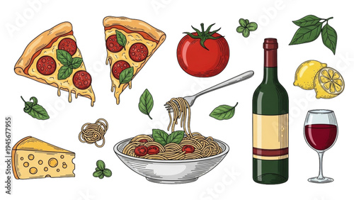 Delicious food and wine spread with pizza, pasta, cheese, and fresh ingredients.