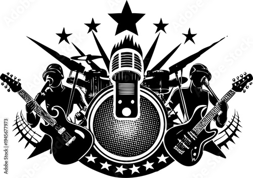 Dynamic vector graphic illustration of a rock band setup featuring guitars, drums, and a prominent microphone.
