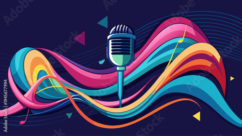 Vibrant retro microphone illustration with dynamic colorful sound waves, representing music, audio, or podcasting content.